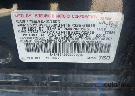 2016 Mitsubishi Outlander Es/Se/Sel from USA, damaged, VIN JA4AZ3A33GZ008081